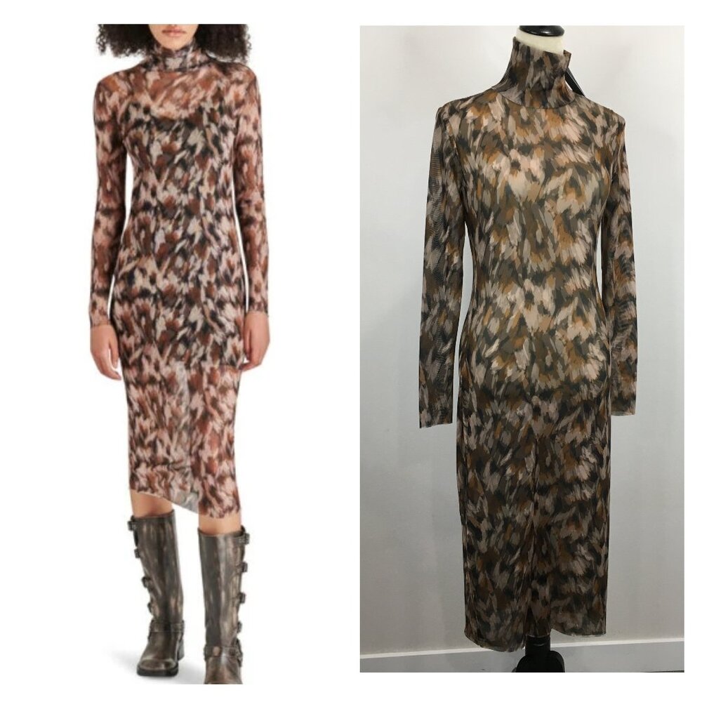 NWT STEVE MADDEN Oak Buff VIVIENNE Turtleneck Sheer Stretchy Mesh Midi Dress